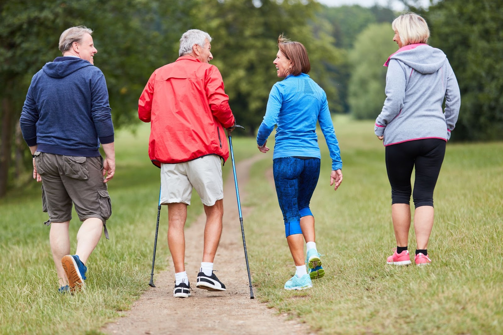 A group of four older adults outside for a walk in the park shot from behind.