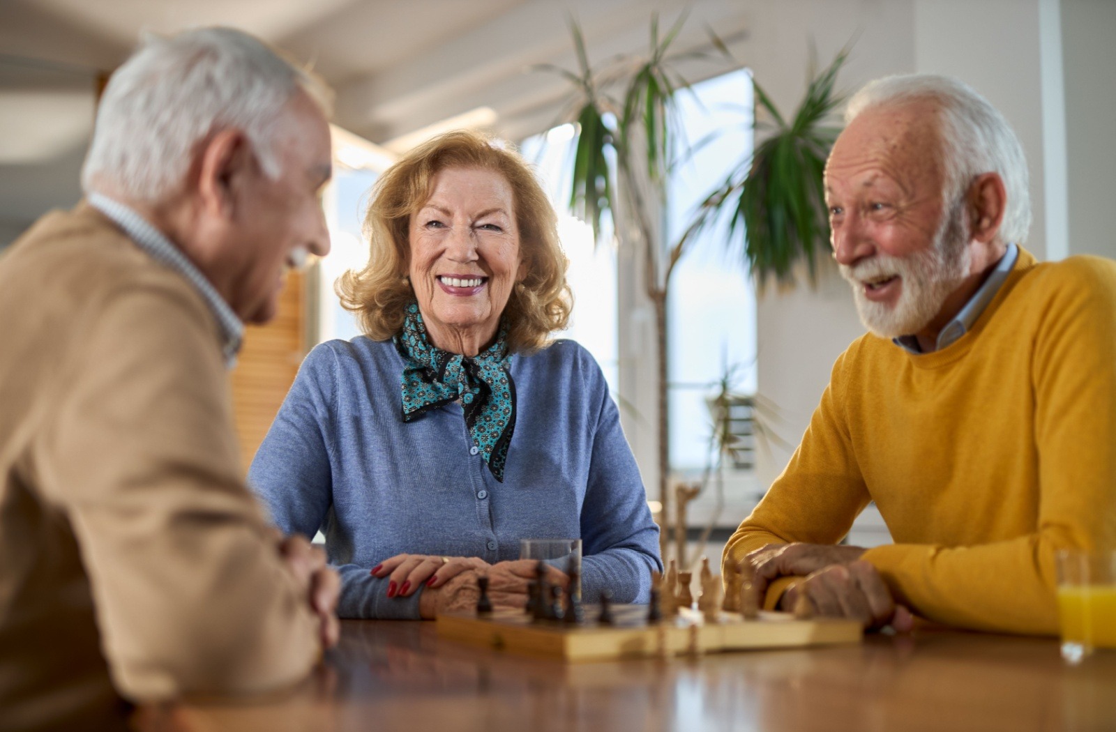 seniors playing chess together in assisted living