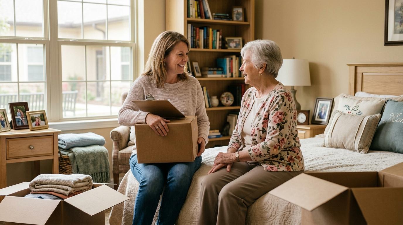 Two women sit on a bed in a sunlit bedroom, smiling as they chat beside packed boxes for a move.