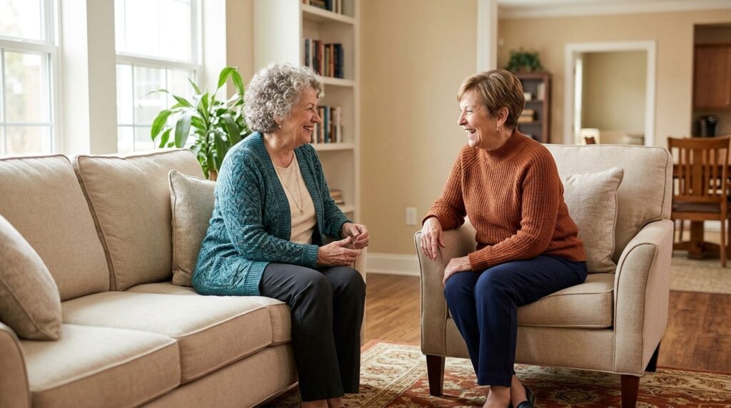 A pair of older adults sit together, enjoying a conversation in a warm, welcoming community setting.