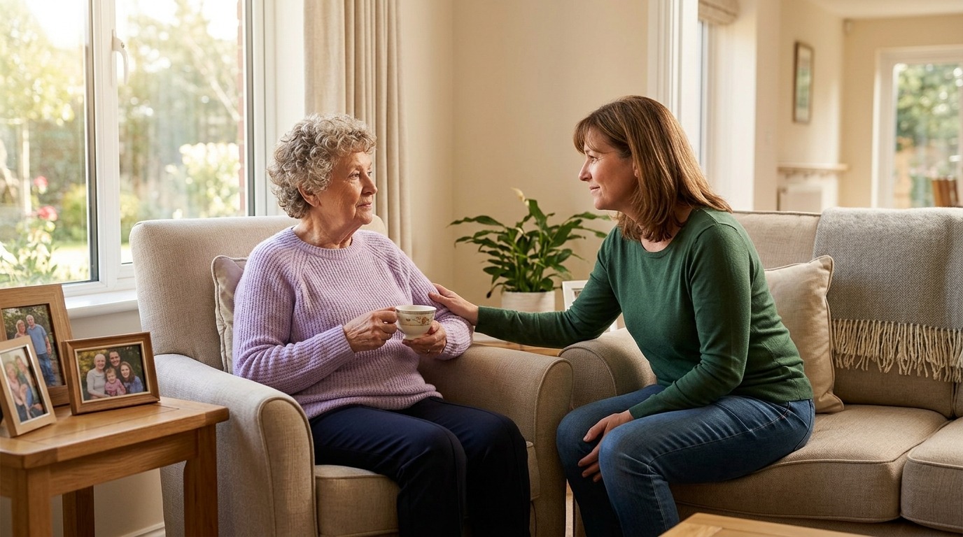 An adult child offers a comforting touch to their senior parent as they review care options together.