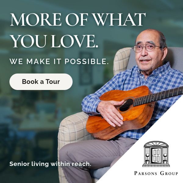 Senior man with a guitar sits in a living room; foreground text promotes senior living and a 'Book a Tour' CTA with the Parsons Group logo in the corner.