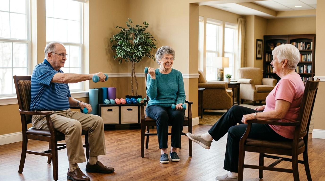 Three seniors seated in a bright living room, performing seated arm curls with light dumbbells.