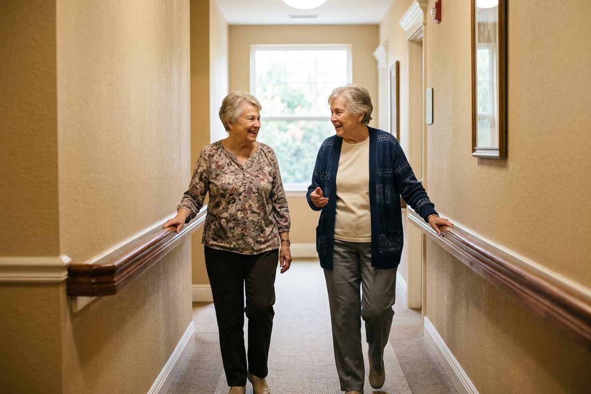 Two older adults walk side by side down a carpeted hallway, holding wall handrails and smiling at each other.
