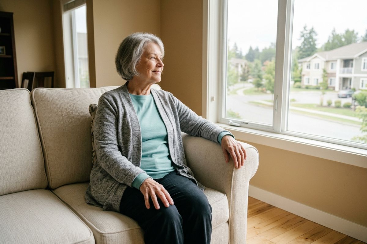 Older adult with gray hair sits on a beige sofa at home, smiling softly while gazing out a large window at a residential street.