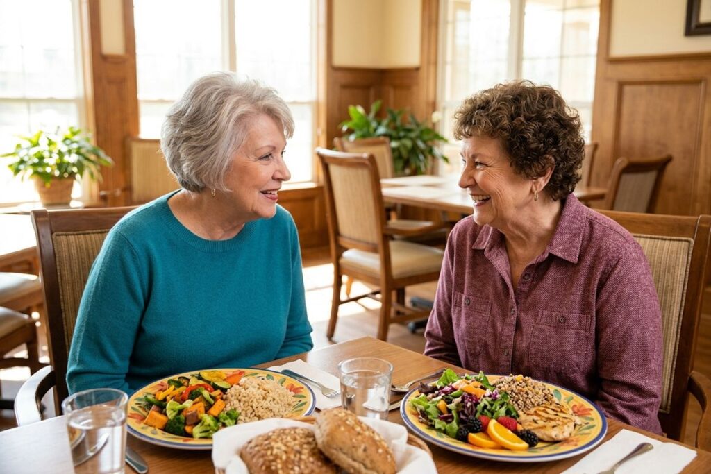 Two older adults smile and talk at a dining table with plates of vegetables, grains, salad and chicken, plus bread rolls, in a sunny dining room.