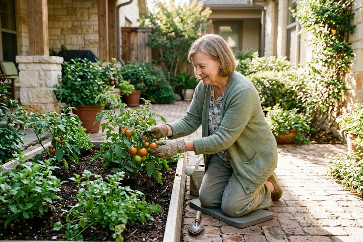 Smiling older adult kneels on a garden pad, tending tomato plants in a raised bed on a brick patio surrounded by potted plants.