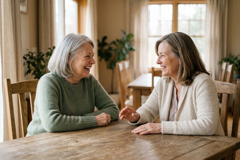 Two older adults sit at a wooden dining table in a sunlit home, smiling and talking face to face, one gesturing with an open hand.